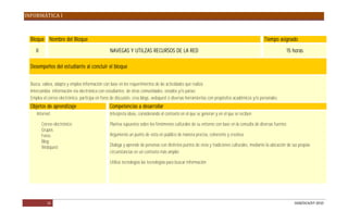 INFORMÁTICA I



  Bloque Nombre del Bloque                                                                                                                     Tiempo asignado

     II                                          NAVEGAS Y UTILZAS RECURSOS DE LA RED                                                                         15 horas

  Desempeños del estudiante al concluir el bloque


  Busca, valora, adapta y emplea información con base en los requerimientos de las actividades que realiza
  Intercambia información vía electrónica con estudiantes de otras comunidades, estados y/o países
  Emplea el correo electrónico, participa en foros de discusión, crea blogs, webquest o diversas herramientas con propósitos académicos y/o personales.
  Objetos de aprendizaje                         Competencias a desarrollar
     Internet                                    Interpreta ideas, considerando el contexto en el que se generan y en el que se reciben

          Correo electrónico                     Plantea supuestos sobre los fenómenos culturales de su entorno con base en la consulta de diversas fuentes
          Grupos
          Foros                                  Argumenta un punto de vista en público de manera precisa, coherente y creativa
          Blog
          Webquest                               Dialoga y aprende de personas con distintos puntos de vista y tradiciones culturales, mediante la ubicación de sus propias
                                                 circunstancias en un contexto más amplio

                                                 Utiliza tecnologías las tecnologías para buscar información




             16                                                                                                                                                  DGB/DCA/07-2010
 