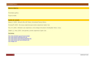 INFORMÁTICA I

  Material didáctico


  Presentadores gráficos.

  Proyectos modelo.


  Fuentes de consulta
  Beskeen, D. (2007). Microsoft office 2007. México: International Thomson Editores.

  Perrenoud Ph. (2007). Diez nuevas competencias para enseñar competencias. España: Graó.

  Pérez, M.J. (2010). Informática 1 por competencias, con los enfoques intercultural e interdisciplinar. México: Limusa.

  Zabala A. y L. Arnau. (2007). Cómo aprender y enseñar competencias. España: Graó.

  Electrónicas
  http://www.ciberhabitat.gob.mx/museo/sociedad/
  http://www.eduteka.org/APPMoursund1.php
  http://www.eduteka.org/PeriodicoEscolarEjemplos.php
  http://www.eduteka.org/ProyectosWebquest.php
  http://blogger.com/




           18                                                                                                              DGB/DCA/07-2010
 