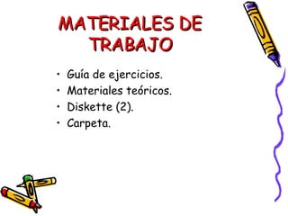 MATERIALES DE TRABAJO Guía de ejercicios. Materiales teóricos. Diskette (2). Carpeta. 