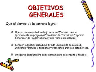 OBJETIVOS  GENERALES Que el alumno de la carrera logre: Operar una computadora bajo entorno Windows usando óptimamente un programa Procesador de Textos, un Programa Generador de Presentaciones y una Planilla de Cálculos. Conocer las posibilidades que brinda una planilla de cálculos, utilizando fórmulas y funciones y realizando gráficos estadísticos. Utilizar la computadora como herramienta de consulta y trabajo. 