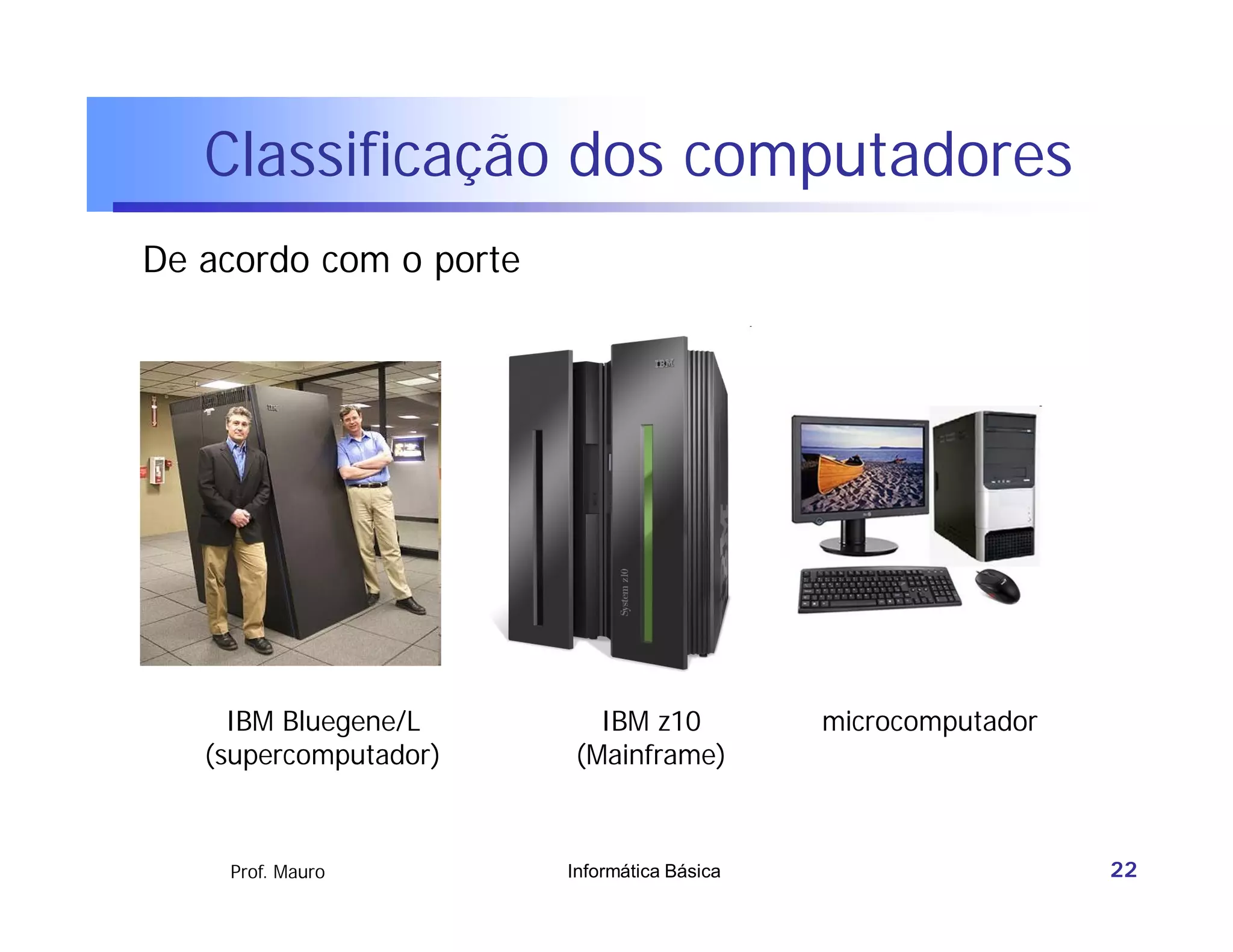 Classificação dos computadores
De acordo com o porte




     IBM Bluegene/L       IBM z10            microcomputador
   (supercomputador)    (Mainframe)



    Prof. Mauro         Informática Básica                     22
 