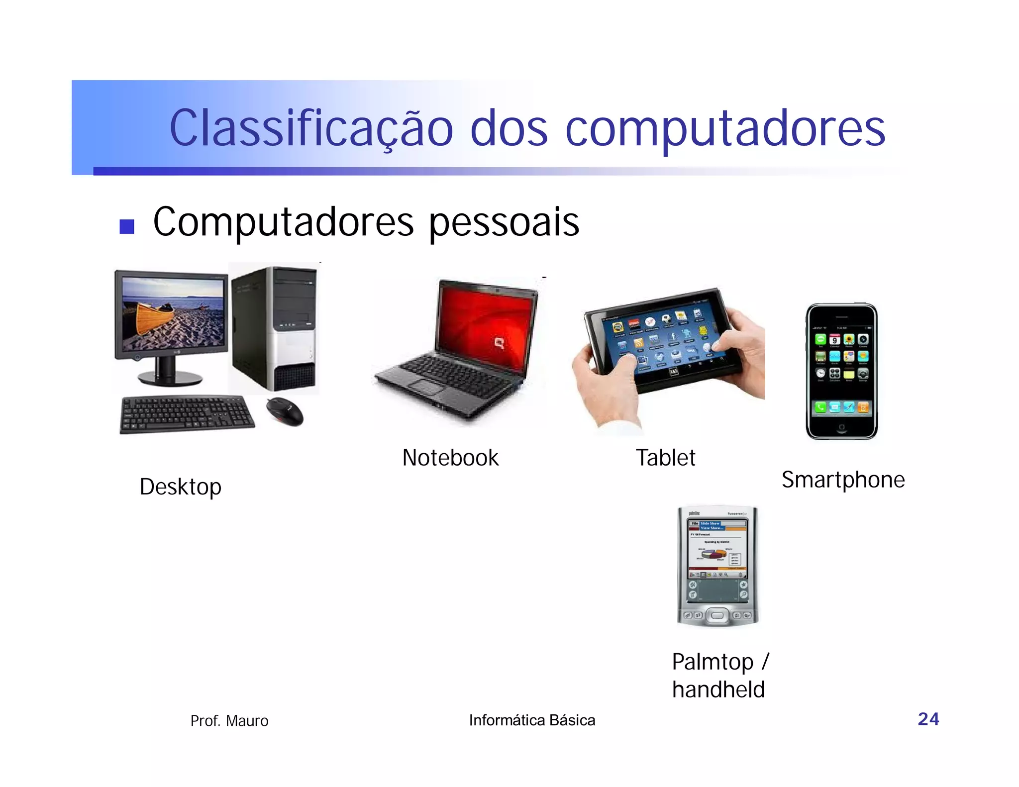 Classificação dos computadores
    Computadores pessoais




                      Notebook                  Tablet
    Desktop                                                    Smartphone




                                                   Palmtop /
                                                   handheld
        Prof. Mauro        Informática Básica                               24
 