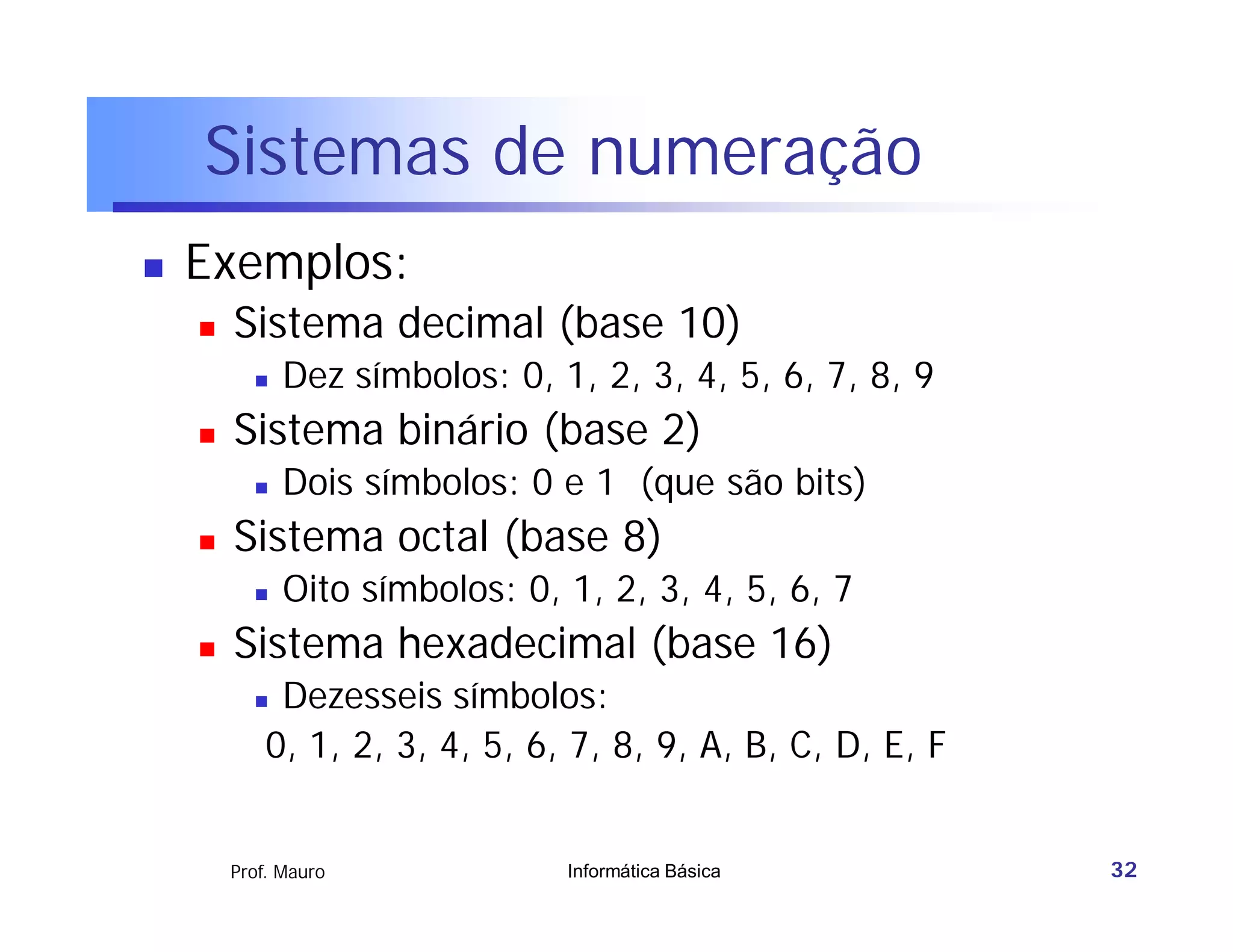 Sistemas de numeração
   Exemplos:
       Sistema decimal (base 10)
             Dez símbolos: 0, 1, 2, 3, 4, 5, 6, 7, 8, 9
       Sistema binário (base 2)
             Dois símbolos: 0 e 1 (que são bits)
       Sistema octal (base 8)
             Oito símbolos: 0, 1, 2, 3, 4, 5, 6, 7
       Sistema hexadecimal (base 16)
            Dezesseis símbolos:
            0, 1, 2, 3, 4, 5, 6, 7, 8, 9, A, B, C, D, E, F


        Prof. Mauro             Informática Básica           32
 