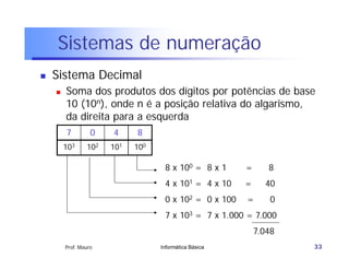Sistemas de numeração
   Sistema Decimal
       Soma dos produtos dos dígitos por potências de base
        10 (10n), onde n é a posição relativa do algarismo,
        da direita para a esquerda
        7         0   4     8
        103     102   101   100

                                   8 x 100 = 8 x 1     =      8
                                   4 x 101 = 4 x 10    =     40
                                   0 x 102 = 0 x 100   =       0
                                   7 x 103 = 7 x 1.000 = 7.000
                                                           7.048
        Prof. Mauro               Informática Básica               33
 