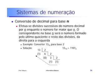 Sistemas de numeração
   Conversão de decimal para base n
       Efetua-se divisões sucessivas do número decimal
        por n enquanto o número for maior que n. O
        correspondente na base n será o número formado
        pelo último quociente e resto das divisões, da
        direita para a esquerda
             Exemplo: Converter 1310 para base 2
             Solução:                          1310 = 11012
                         13    2
                          (1)   6        2
                                (0)      3        2
                                        (1)      (1)


        Prof. Mauro                 Informática Básica         36
 