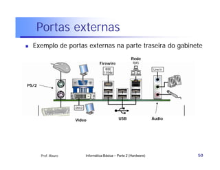 Portas externas
   Exemplo de portas externas na parte traseira do gabinete
                                                      Rede
                                  Firewire




PS/2




                     Vídeo                    USB                  Áudio




       Prof. Mauro       Informática Básica – Parte 2 (Hardware)           50
 