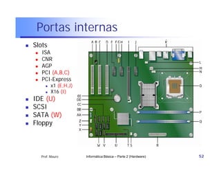 Portas internas
   Slots
       ISA
       CNR
       AGP
       PCI (A,B,C)
       PCI-Express
             x1 (E,H,J)
             X16 (I)
   IDE (U)
   SCSI
   SATA (W)
   Floppy



        Prof. Mauro        Informática Básica – Parte 2 (Hardware)   52
 