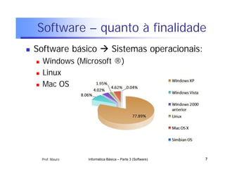 Software – quanto à finalidade
   Software básico  Sistemas operacionais:
       Windows (Microsoft ®)
       Linux
       Mac OS




        Prof. Mauro   Informática Básica – Parte 3 (Software)   7
 
