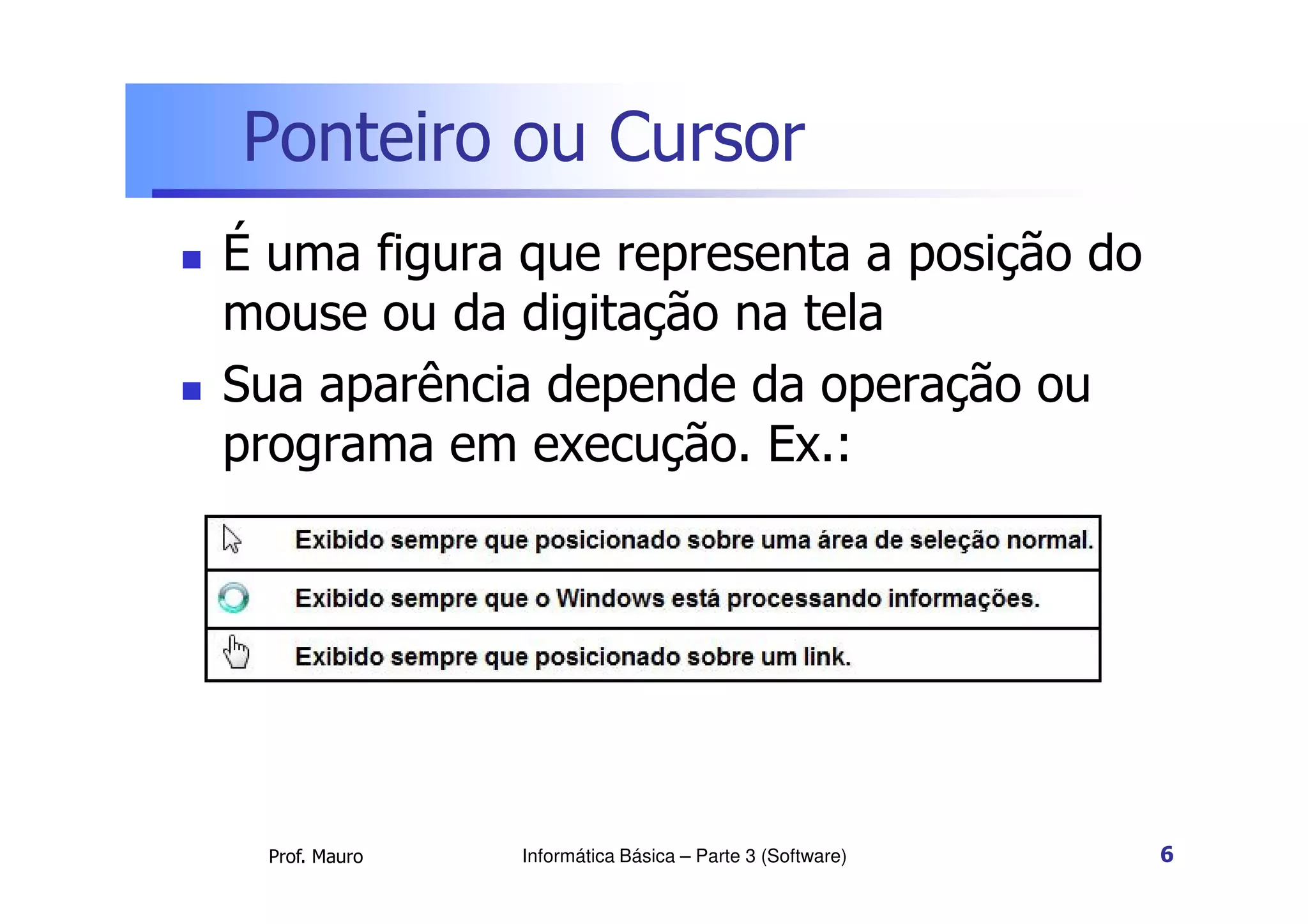 Ponteiro ou Cursor
 É uma figura que representa a posição do
mouse ou da digitação na tela
 Sua aparência depende da operação ou
programa em execução. Ex.:
Prof. Mauro
programa em execução. Ex.:
Informática Básica – Parte 3 (Software) 6
 