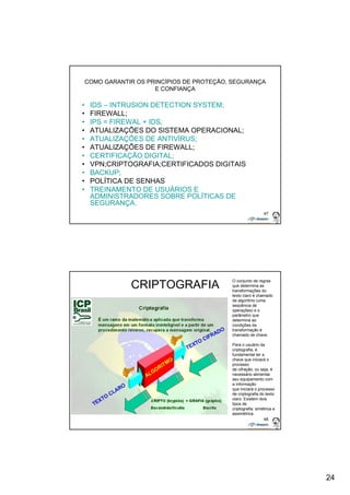 24 
COMO GARANTIR OS PRINCÍPIOS DE PROTEÇÃO, SEGURANÇA 
47 
E CONFIANÇA 
• IDS – INTRUSION DETECTION SYSTEM; 
• FIREWALL; 
• IPS = FIREWAL + IDS; 
• ATUALIZAÇÕES DO SISTEMA OPERACIONAL; 
• ATUALIZAÇÕES DE ANTIVÍRUS; 
• ATUALIZAÇÕES DE FIREWALL; 
• CERTIFICAÇÃO DIGITAL; 
• VPN;CRIPTOGRAFIA;CERTIFICADOS DIGITAIS 
• BACKUP; 
• POLÍTICA DE SENHAS 
• TREINAMENTO DE USUÁRIOS E 
ADMINISTRADORES SOBRE POLÍTICAS DE 
SEGURANÇA. 
CRIPTOGRAFIA O conjunto de regras 
que determina as 
transformações do 
texto claro é chamado 
de algoritmo (uma 
seqüência de 
operações) e o 
parâmetro que 
determina as 
condições da 
transformação é 
chamado de chave. 
Para o usuário da 
criptografia, é 
fundamental ter a 
chave que iniciará o 
processo 
de cifração, ou seja, é 
necessário alimentar 
seu equipamento com 
a informação 
que iniciará o processo 
de criptografia do texto 
claro. Existem dois 
tipos de 
criptografia: simétrica e 
assimétrica 
48 
 