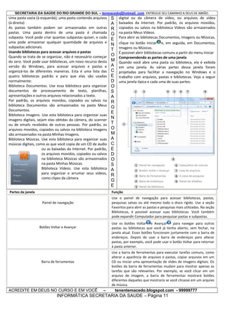 SECRETARIA DA SAÚDE DO RIO GRANDE DO SUL – tenmacedo@hotmail. com ENTREGUE SEU CAMINHO A DEUS DE ABRÃO.

Uma pasta vazia (à esquerda); uma pasta contendo arquivos
(à direita)
As pastas também podem ser armazenadas em outras
pastas. Uma pasta dentro de uma pasta é chamada
subpasta. Você pode criar quantas subpastas quiser, e cada
uma pode armazenar qualquer quantidade de arquivos e
subpastas adicionais.
Usando bibliotecas para acessar arquivos e pastas
Quando se trata de se organizar, não é necessário começar
do zero. Você pode usar bibliotecas, um novo recurso desta
versão do Windows, para acessar arquivos e pastas e
organizá-los de diferentes maneiras. Esta é uma lista das
quatro bibliotecas padrão e para que elas são usadas
normalmente:
Biblioteca Documentos. Use essa biblioteca para organizar
documentos de processamento de texto, planilhas,
apresentações e outros arquivos relacionados a texto.
Por padrão, os arquivos movidos, copiados ou salvos na
biblioteca Documentos são armazenados na pasta Meus
Documentos.
Biblioteca Imagens. Use esta biblioteca para organizar suas
imagens digitais, sejam elas obtidas da câmera, do scanner
ou de emails recebidos de outras pessoas. Por padrão, os
arquivos movidos, copiados ou salvos na biblioteca Imagens
são armazenados na pasta Minhas Imagens.
Biblioteca Músicas. Use esta biblioteca para organizar suas
músicas digitais, como as que você copia de um CD de áudio
ou as baixadas da Internet. Por padrão,
os arquivos movidos, copiados ou salvos
na biblioteca Músicas são armazenados
na pasta Minhas Músicas.
Biblioteca Vídeos. Use esta biblioteca
para organizar e arrumar seus vídeos,
como clipes da câmera

S
A
R
G
E
N
T
O
M
A
C
E
D
O
S
A
R
G
E
N
T
O
M
A
C
E
D
O
S
A
R
G
E

Partes da janela

Função
Use o painel de navegação para acessar bibliotecas, pastas,
pesquisas salvas ou até mesmo todo o disco rígido. Use a seção
Favoritos para abrir as pastas e pesquisas mais utilizadas. Na seção
Bibliotecas, é possível acessar suas bibliotecas. Você também
pode expandir Computador para pesquisar pastas e subpastas.

Painel de navegação

Use os botões Voltar e Avançar
para navegar para outras
pastas ou bibliotecas que você já tenha aberto, sem fechar, na
janela atual. Esses botões funcionam juntamente com a barra de
endereços. Depois de usar a barra de endereços para alterar
pastas, por exemplo, você pode usar o botão Voltar para retornar
à pasta anterior.

Botões Voltar e Avançar

Use a barra de ferramentas para executar tarefas comuns, como
alterar a aparência de arquivos e pastas, copiar arquivos em um
CD ou iniciar uma apresentação de slides de imagens digitais. Os
botões da barra de ferramentas mudam para mostrar apenas as
tarefas que são relevantes. Por exemplo, se você clicar em um
arquivo de imagem, a barra de ferramentas mostrará botões
diferentes daqueles que mostraria se você clicasse em um arquivo
de música.

Barra de ferramentas

ACREDITE EM DEUS NO CURSO E EM VOCÊ

digital ou da câmera de vídeo, ou arquivos de vídeo
baixados da Internet. Por padrão, os arquivos movidos,
copiados ou salvos na biblioteca Vídeos são armazenados
na pasta Meus Vídeos.
Para abrir as bibliotecas Documentos, Imagens ou Músicas,
clique no botão Iniciar e, em seguida, em Documentos,
Imagens ou Músicas.
É possível abrir bibliotecas comuns a partir do menu Iniciar
Compreendendo as partes de uma janela
Quando você abre uma pasta ou biblioteca, ela é exibida
em uma janela. As várias partes dessa janela foram
projetadas para facilitar a navegação no Windows e o
trabalho com arquivos, pastas e bibliotecas. Veja a seguir
uma janela típica e cada uma de suas partes:

–

tenentemacedo.blogspot.com - 99999777

INFORMÁTICA SECRETARIA DA SAUDE – Página 11

 