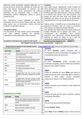 diferentes estão escrevendo capítulos diferentes ou
outras partes do documento completo, de modo que
você não precise compartilhar os arquivos. Um
documento mestre junta documentos de texto
separados em um documento maior, e unifica a
formatação, sumário, bibliografia, índices e outras
tabelas ou listas.
Sim, documentos mestre trabalham no Writer.
Entretanto, até você se tornar familiar com eles, você
pode pensar que os documentos mestre não são
confiáveis ou são difíceis de usar.
Criando formulários
Um documento de texto padrão mostra informações:
uma carta, relatório, panfleto, por exemplo.
Tipicamente, o leitor pode editar tudo ou nada de

ACREDITE EM DEUS NO CURSO E EM VOCÊ

T
O
M
A
C
E
D
O
S
A
R
G
E
N
T
O
M
A

–

contexto)
Você pode acessar rapidamente muitas funções do
menu clicando com o botão direito do mouse em um
parágrafo, imagem, ou outro objeto. Um menu de
contexto aparecerá. Normalmente, o menu de contexto
é a maneira mais rápida e fácil para encontrar uma
função. Se você não sabe onde uma função está
localizada nos menus ou nas barras de ferramentas,
você pode encontrá-la com o botão direito do mouse.
Pode-se utilizar o LibreOffice sem a necessidade de um
dispositivo indicador, como um mouse ou touchpad,
mas usando o seu atalho de teclado embutido.
Este apêndice lista alguns dos mais comuns atalhos de
teclado embutido que se aplicam para todos
os
componentes
do
LibreOffice.
Para
atalhos
específicos para Documento, Planilha, Apresentação,
Desenho ou Banco de dados ou ler a guia do
componente ou pesquise a Ajuda do aplicativo.
tenentemacedo.blogspot.com - 99999777

INFORMÁTICA SECRETARIA DA SAUDE – Página 41
SECRETARIA DA SAÚDE DO RIO GRANDE DO SUL – tenmacedo@hotmail. com ENTREGUE SEU CAMINHO A DEUS DE ABRÃO.

S
A
R
G
E
N
T
O
M
A
C
E
D
O
S
A
R
G
E
N
T
O
M
A
C
E
D
O
S
A
R
G
E
N

Formatar
O menu Formatar contém comandos para a
formatação das células selecionadas, dos objetos e do
conteúdo das células do documento.
Ferramentas
O menu Ferramentas contém comandos para
verificação ortográfica, rastrear referências da planilha,
localizar erros e definir cenários.
Dados
Utilize os comandos do menu Dados para editar os
dados na planilha atual. Você pode definir intervalos,
ordenar e filtrar dados, calcular resultados,
esquematizar dados, e criar tabelas dinâmicas.
Janela
Contém comandos para manipular e exibir janelas do
documento.
Ajuda
O menu da Ajuda permite iniciar e controlar o sistema
de Ajuda do LibreOffice.
NOVO
Cria um novo documento do LibreOffice.
Escolha Arquivo - Novo
Ícone Novo na barra Padrão (o ícone mostra o tipo do

 