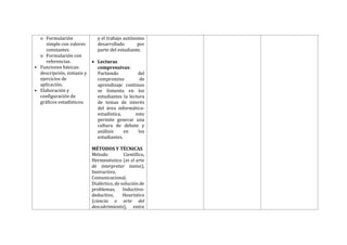 o Formulación
simple con valores
constantes.
o Formulación con
referencias.
• Funciones básicas:
descripción, sintaxis y
ejercicios de
aplicación.
• Elaboración y
configuración de
gráficos estadísticos.
y el trabajo autónomo
desarrollado por
parte del estudiante.
 Lecturas
comprensivas:
Partiendo del
compromiso de
aprendizaje continuo
se fomenta en los
estudiantes la lectura
de temas de interés
del área informática-
estadística, esto
permite generar una
cultura de debate y
análisis en los
estudiantes.
MÉTODOS Y TÉCNICAS
Método Científico,
Hermenéutico (es el arte
de interpretar textos),
Instructivo,
Comunicacional,
Dialéctico, de solución de
problemas, Inductivo-
deductivo, Heurístico
(ciencia o arte del
descubrimiento), entre
 