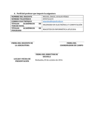 4. Perfil del profesor que imparte la asignatura
NOMBRE DEL DOCENTE MIGUEL ÁNGEL AVALOS PÉREZ
NÚMERO TELEFÓNICO 0995763219
CORREO ELECTRÓNICO miavalos@espoch.edu.ec
TÍTULOS ACADÉMICOS DE
TERCER NIVEL
INGENIERO EN ELECTRÓNICA Y COMPUTACIÓN
TÍTULOS ACADÉMICOS DE
POSGRADO
MAGISTER EN INFORMÁTICA APLICADA
FIRMA DEL DOCENTE DE
LA ASIGNATURA
FIRMA DEL
COORDINADOR DE CAMPO
FIRMA DEL DIRECTOR DE
ESCUELA
LUGAR Y FECHA DE
PRESENTACIÓN
Riobamba, 03 de octubre de 2016
 