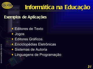 Editores de Texto Jogos  Editores Gráficos Enciclopédias Eletrônicas Sistemas de Autoria Linguagens de Programação Informática na Educação Exemplos de Aplicações 