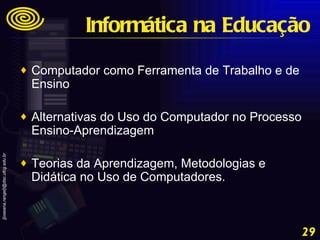 Computador como Ferramenta de Trabalho e de Ensino  Alternativas do Uso do Computador no Processo Ensino-Aprendizagem  Teorias da Aprendizagem, Metodologias e Didática no Uso de Computadores. Informática na Educação 