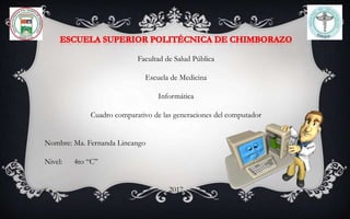 Facultad de Salud Pública
Escuela de Medicina
Informática
Cuadro comparativo de las generaciones del computador
Nombre: Ma. Fernanda Lincango
Nivel: 4to “C”
2017
 
