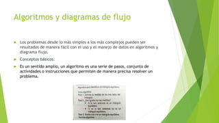 Algoritmos y diagramas de flujo
 Los problemas desde lo más simples a los más complejos pueden ser
resultados de manera fácil con el uso y el manejo de datos en algoritmos y
diagrama flujo.
 Conceptos básicos:
 Es un sentido amplio, un algoritmo es una serie de pasos, conjunto de
actividades o instrucciones que permiten de manera precisa resolver un
problema.
 