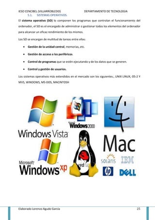 IESO CENCIBEL (VILLARROBLEDO)                        DEPARTAMENTO DE TECNOLOGIA
       5.1. SISTEMAS OPERATIVOS.
El sistema operativo (SO) lo componen los programas que controlan el funcionamiento del
ordenador, el SO es el encargado de administrar o gestionar todos los elementos del ordenador
para alcanzar un eficaz rendimiento de los mismos.

Los SO se encargan de multitud de tareas entre ellas:

    •   Gestión de la unidad central, memorias, etc.

    •   Gestión de acceso a los periféricos.

    •   Control de programas que se estén ejecutando y de los datos que se generen.

    •   Control y gestión de usuarios.

Los sistemas operativos más extendidos en el mercado son los siguientes:, UNIX LINUX, OS-2 Y
MVS, WINDOWS, MS-DOS, MACINTOSH




.




Elaborado Lorenzo Agudo García                                                            25
 