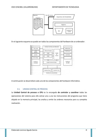 IESO CENCIBEL (VILLARROBLEDO)                    DEPARTAMENTO DE TECNOLOGIA




En el siguiente esquema se puede ver todos los componentes del hardware de un ordenador:




A continuación se desarrollará cada uno de los componentes del hardware informático.



       4.1.    UNIDAD CENTRAL DE PROCESO.
La Unidad Central de proceso o CPU es la encargada de controlar y coordinar todas las
operaciones del sistema para ello extrae una a una las instrucciones del programa que tiene
alojado en la memoria principal, las analiza y emite las ordenes necesarias para su completa
realización.




Elaborado Lorenzo Agudo García                                                             8
 