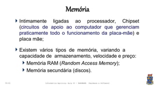 Memória
09:00 Informática Agrícola: Aula 03 - HARDWARE (Hardware e Software)
 