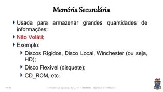 MemóriaSecundária
09:00 Informática Agrícola: Aula 03 - HARDWARE (Hardware e Software)
 