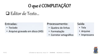 O que é COMPUTAÇÃO?
09:00
 Editor de Texto...
Informática Agrícola: Aula 03 - HARDWARE (Hardware e Software)
 