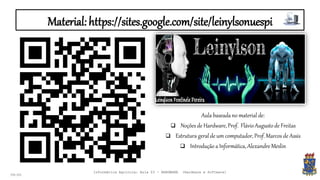 Material:https://sites.google.com/site/leinylsonuespi
09:00
Aula baseadano material de:
 Noções de Hardware,Prof. FlávioAugusto de Freitas
 Estrutura geralde um computador,Prof.Marcos de Assis
 Introdução a Informática,AlexandreMeslin
Informática Agrícola: Aula 03 - HARDWARE (Hardware e Software)
 