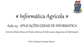 # Informática Agrícola #
Aula 05 - APLICAÇÕES GERAIS DE INFORMÁTICA
(Internet, Redes, Banco de Dados, Sistema de Informação, Segurança de Informação)
Prof. Leinylson Fontinele Pereira
 