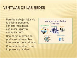    Permite trabajar lejos de
    la oficina, podemos
    conectarnos desde
    cualquier lugar y a
    cualquier hora.
   Compartir información,
    podemos intercambiar
    información como videos.
   Compartir equipo , como
    impresora y modem.
 