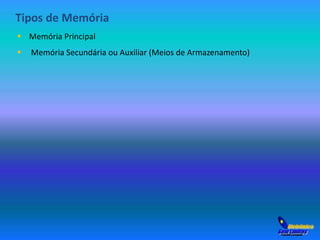 Tipos de Memória 
 Memória Principal 
 Memória Secundária ou Auxiliar (Meios de Armazenamento) 
 