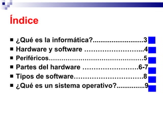 Índice ¿Qué es la informática?...........................3 Hardware y software ……………………...4 Periféricos………………………………………5 Partes del hardware …………………….6-7 Tipos de software………………………….8 ¿Qué es un sistema operativo?...............9 