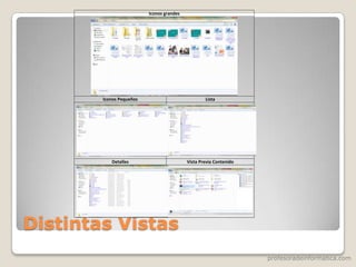 profesoradeinformatica.com
Distintas Vistas
Iconos grandes
Iconos Pequeños Lista
Detalles Vista Previa Contenido
 