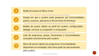 Botão de acesso ao Menu iniciar
Espaço em que o usuário pode pesquisar por funcionalidades,
pastas, arquivos, aplicativos e ferramentas do Windows
Botões de acesso rápido ao perfil do usuário, configurações,
desligar, reiniciar ou suspender o computador
Lista de programas, pastas, ferramentas e funcionalidades
acessadas recentemente pelo usuário
Menu de acesso rápido aos programas e funcionalidades
disponíveis na instalação. Este menu pode ser personalizado
pelo usuário.
Curso de informática básica
 