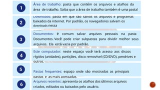 Área de trabalho: pasta que contém os arquivos e atalhos da
área de trabalho. Saiba que a área de trabalho também é uma pasta!
Downloads: pasta em que são salvos os arquivos e programas
baixados da internet. Por padrão, os navegadores salvam os
downloads nessa
pasta!
Documentos: é comum salvar arquivos pessoais na pasta
Documentos. Você pode criar subpastas para dividir melhor seus
arquivos. Ela está vazia por padrão.
Este computador: neste espaço você terá acesso aos discos
rígidos (unidades), partições, disco removível (CD/DVD), pendrives e
outros.
Pastas frequentes: espaço onde são mostradas as principais
pastas e as mais acessadas.
Arquivos recentes: apresenta os atalhos dos últimos arquivos
criados, editados ou baixados pelo usuário.
 