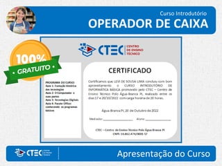 Curso Introdutório
Apresentação do Curso
OPERADOR DE CAIXA
 