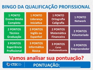 BINGO DA QUALIFICAÇÃO PROFISSIONAL
1 PONTO
Ensino Médio
Completo
2 PONTOS
Técnico
Graduação
3 PONTOS
Experiência
Profissional
1 PONTO
Liderança
Iniciativa
2 PONTOS
Inglês ou
Espanhol
3 PONTOS
Informática
Básica
1 PONTO
Ortografia
Caligrafia
2 PONTOS
Matemática
Financeira
3 PONTOS
Curso
Profissionalizante
1 PONTO
Network
2 PONTOS
Voluntariado
3 PONTOS
Empreendedor
Vamos analisar sua pontuação?
PONTUAÇÃO:_________
 