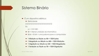 Sistema Binário
 É um dispositivo elétrico:
 Eletricidade

01010101010101010101010101010
Ex:
a = 11011001
 Bit = Menor unidade da informática

 Byte = 8 bits = uma palavra para o computador
 1 Kilobyte ou Kbyte ou KB = 1024 bytes
 1 Megabyte ou Mbyte ou MB = 1024 Kilobytes

 1 Gigabyte ou Gbyte ou GB = 1024 Megabytes
 1 Terabyte ou Tbyte ou TB = 1024 Gigabytes
Prof. Esp. Nádson Araújo

28/01/2014

 