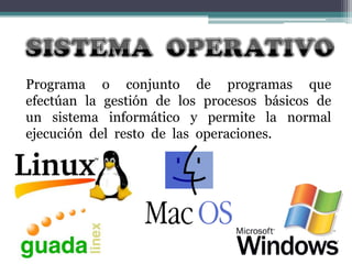 Programa o conjunto de programas que
efectúan la gestión de los procesos básicos de
un sistema informático y permite la normal
ejecución del resto de las operaciones.

 