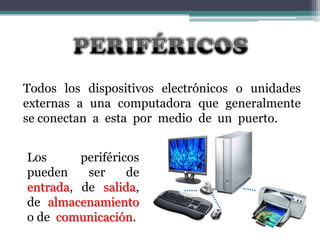 Todos los dispositivos electrónicos o unidades
externas a una computadora que generalmente
se conectan a esta por medio de un puerto.

Los
periféricos
pueden
ser
de
entrada, de salida,
de almacenamiento
o de comunicación.

 