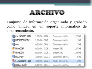 Conjunto de información organizado y grabado
como unidad en un soporte informático de
almacenamiento.

 