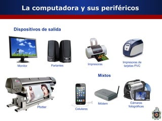 La computadora y sus periféricos
Dispositivos de salida

Impresoras

Parlantes

Monitor

Impresoras de
tarjetas PVC

Mixtos

Módem

Plotter

Celulares

Cámaras
fotográficas

 