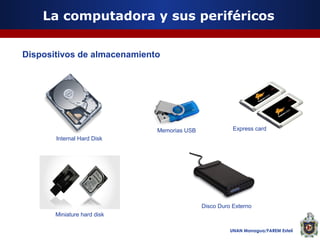 La computadora y sus periféricos
Dispositivos de almacenamiento

Memorias USB

Express card

Internal Hard Disk

Disco Duro Externo
Miniature hard disk
UNAN Managua/FAREM Estelí

 