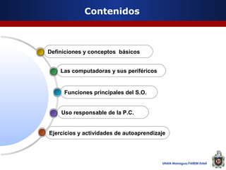 Contenidos

Definiciones y conceptos básicos
Las computadoras y sus periféricos

Funciones principales del S.O.
Uso responsable de la P.C.

Ejercicios y actividades de autoaprendizaje

UNAN Managua/FAREM Estelí

 