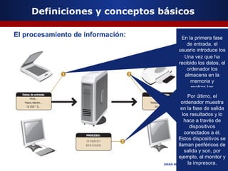 Definiciones y conceptos básicos
El procesamiento de información:

En la primera fase
de entrada, el
usuario introduce los
datosvez que ha
Una a través de
unos dispositivos
recibido los datos, el
conectadoslos
ordenador al
computador.en la
almacena Estos
dispositivos y
memoria se
denominan
realiza las
periféricos de
operaciones
Por último, el
entrada y son, entre
necesarias para
ordenador muestra
otros, el teclado y el
obtener los
en la fase de salida
ratón
resultados.
los resultados y lo
hace a través de
dispositivos
conectados a él.
Estos dispositivos se
llaman periféricos de
salida y son, por
ejemplo, el monitor y
la impresora.
UNAN Managua/FAREM Estelí

 