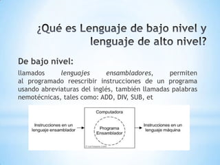 De bajo nivel:
llamados     lenguajes       ensambladores,     permiten
al programado reescribir instrucciones de un programa
usando abreviaturas del inglés, también llamadas palabras
nemotécnicas, tales como: ADD, DIV, SUB, et
 