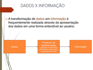 DADOS X INFORMAÇÃO
 A transformação de dados em informação é
frequentemente realizada através da apresentação
dos dados em uma forma entendível ao usuário.
Dados Informação
Processo de
transformação
(aplicando conhecimento
pela seleção, organização e
manipulação de dados)
 