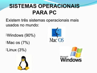 SISTEMAS OPERACIONAIS
PARA PC
Existem três sistemas operacionais mais
usados no mundo:
Windows (90%)
Mac os (7%)
Linux (3%)
 