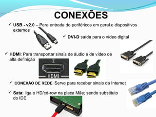 CONEXÕES
 USB - v2.0 – Para entrada de periféricos em geral e dispositivos
externos
 DVI-D saída para o vídeo digital
 HDMI: Para transportar sinais de áudio e de vídeo de
alta definição
 CONEXÃO DE REDE: Serve para receber sinais da Internet
 Sata: liga o HD/cd-row na placa Mãe; sendo substituto
do IDE
 
