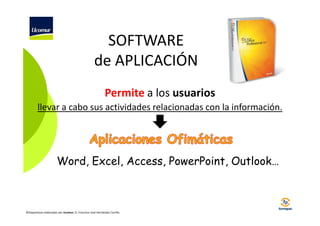 SOFTWARE
de APLICACIÓN
Permite a los usuarios
llevar a cabo sus actividades relacionadas con la información.

Word, Excel, Access, PowerPoint, Outlook…

©Diapositivas elaboradas por Ucomur: D. Francisco José Hernández Carrillo.

 